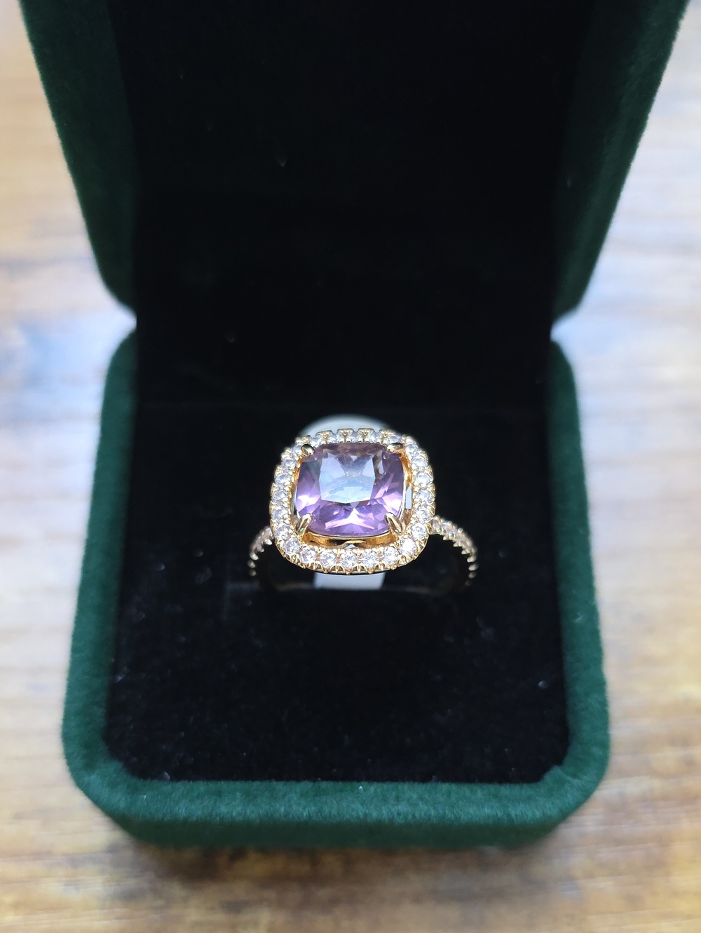 Amethyst Halo Gold Ring with Pavé Accent